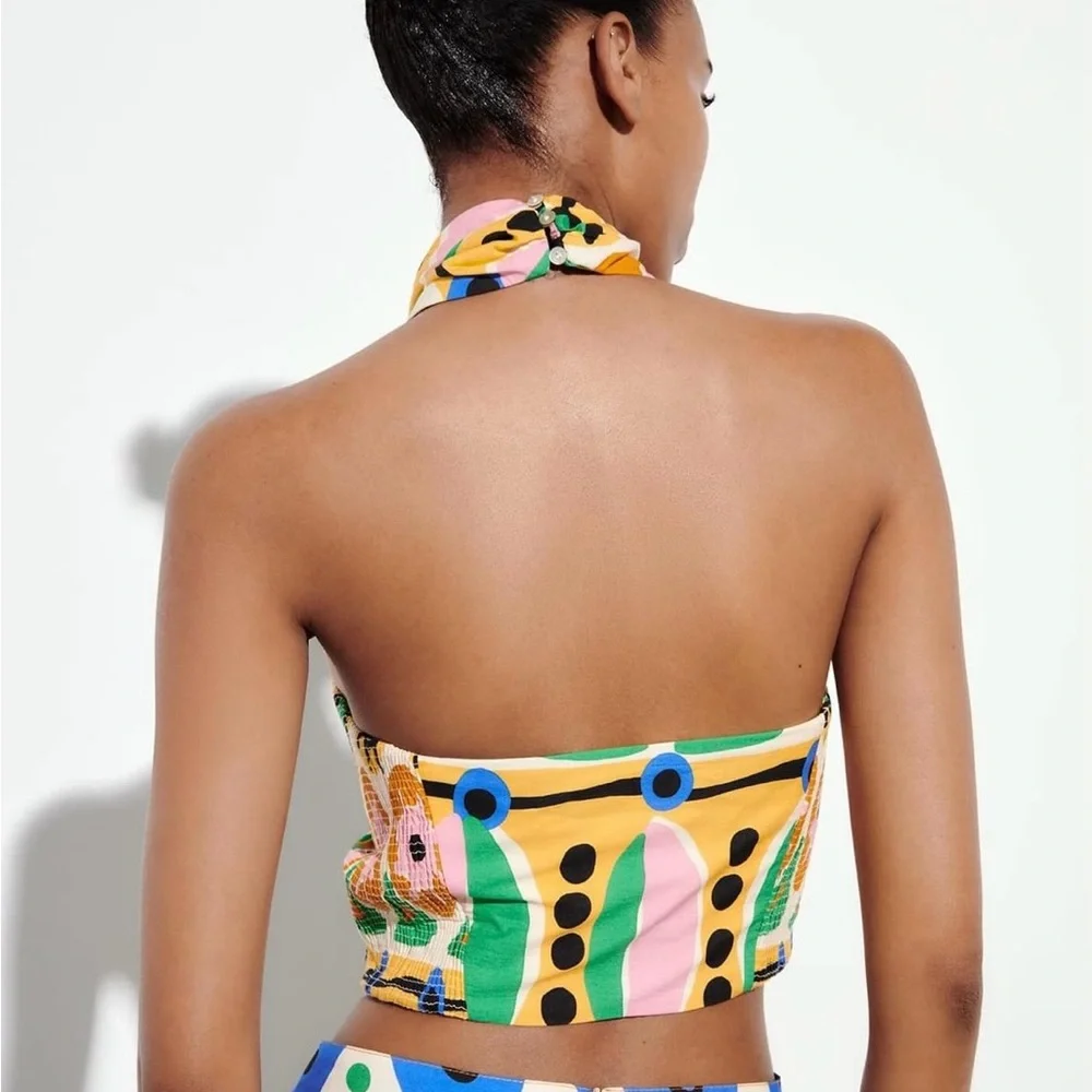Zara top cropped halter multicolor printed summer blouse - Picture 6 of 8